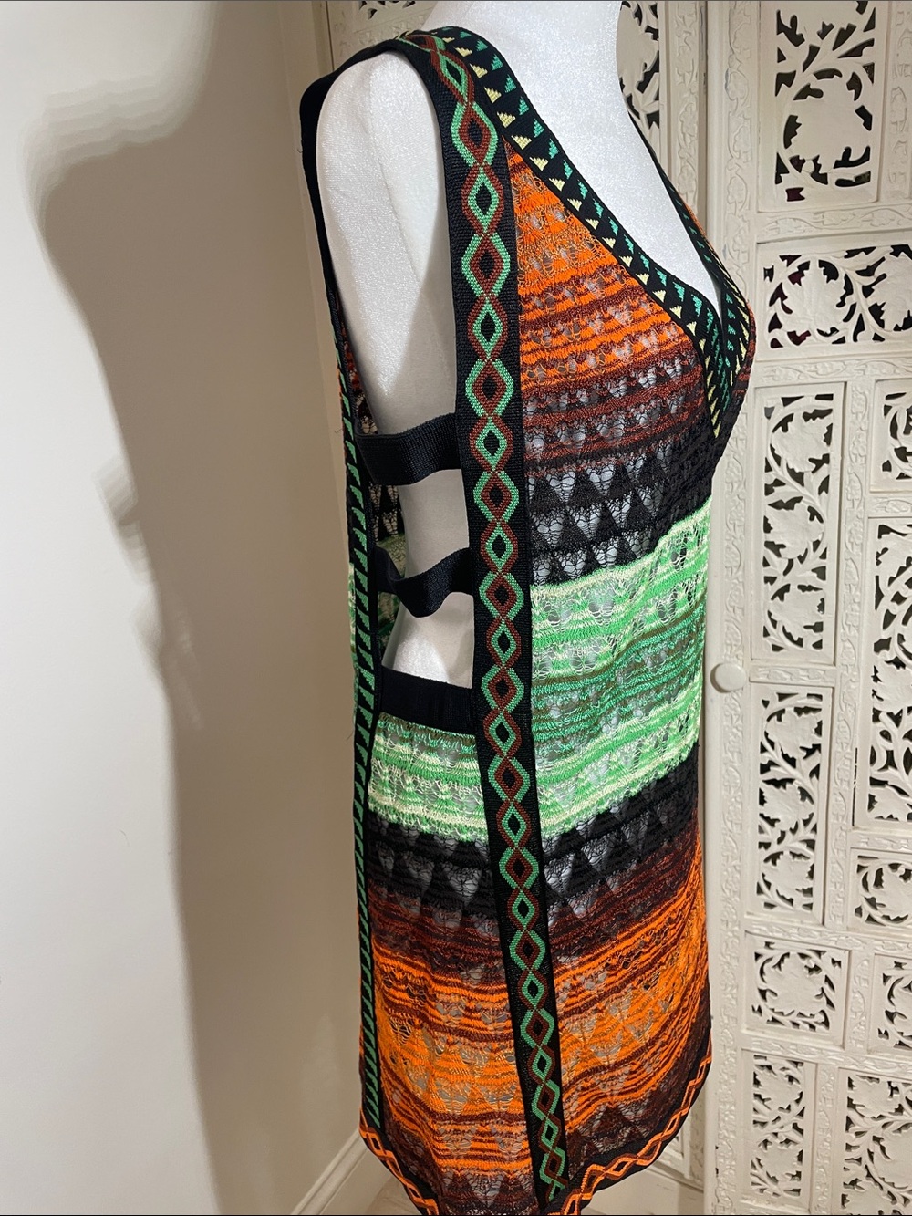 Missoni 2011 Multicolor V-Neck Knit Dress in Orange, Green, Black